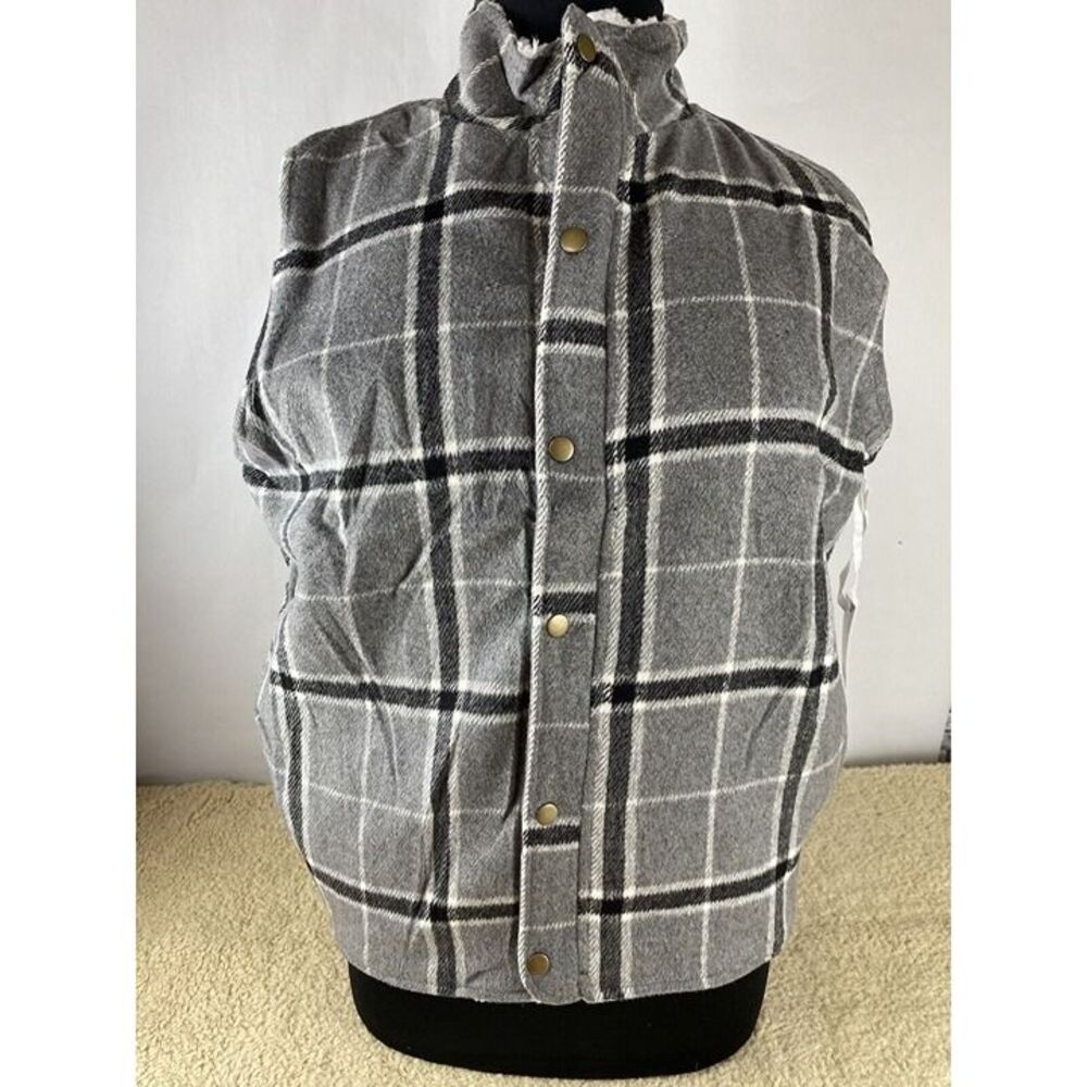 Womens Sz XXL Neutral Gray & White Plaid Fleece Faux Sherpa Lined Full Zip Vest